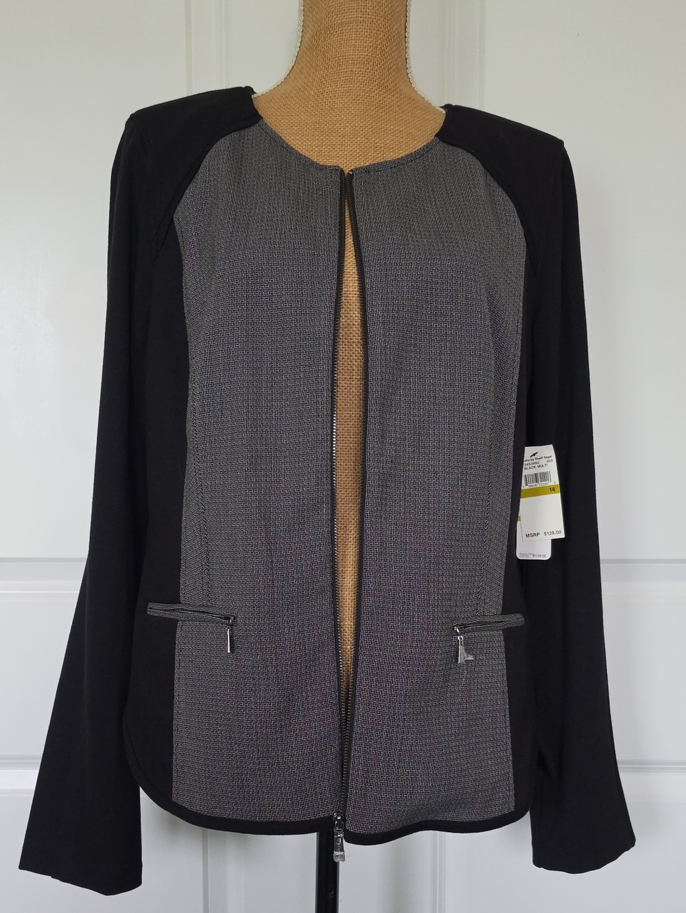 Laundry By Shelli Segal Black & Gray Open Front Zip Jacket